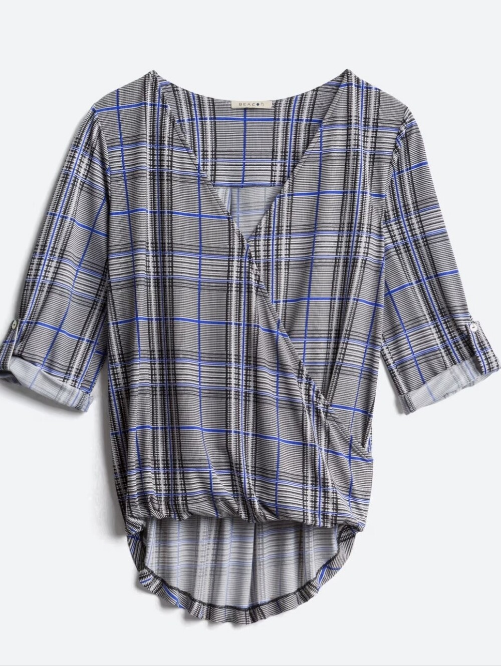 NWT, Stitch Fix Beacon Seamed Plaid V-Neck Wrap Blouse Sz M